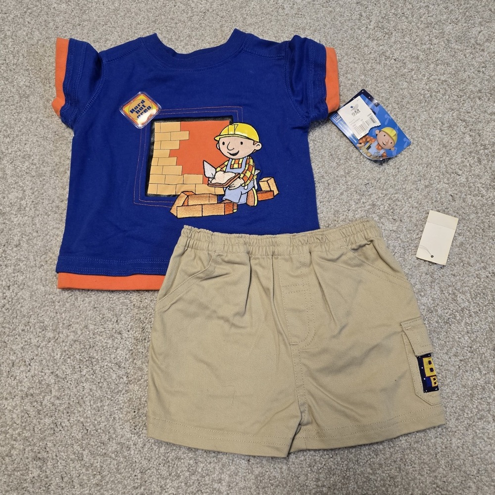 Vintage Bob the Builder Toddler Outfit Set Shirt & Shorts Blue Khaki 6–9Mos NWT